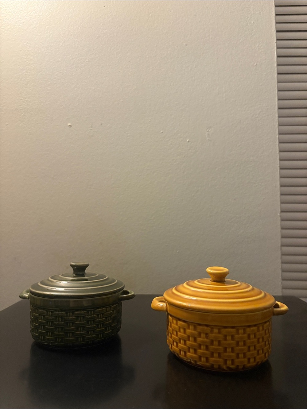 Set of 2 Ceramic Brie baker with lid Olive and Mustard (Pier 1 imports)
